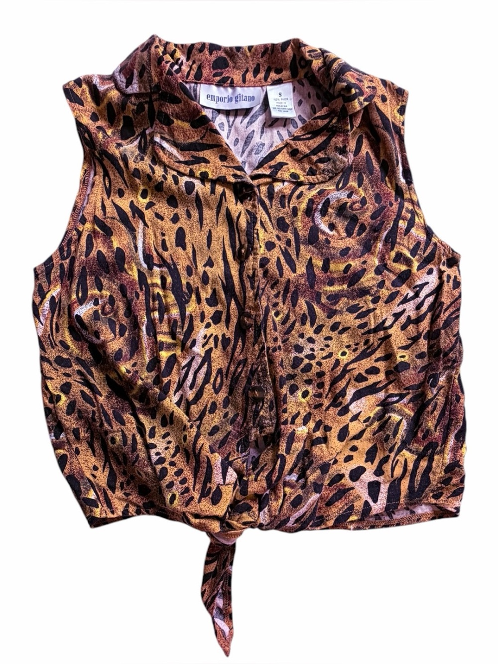 Emporio Gitano 90s Vtg Leopard Print Tie Front Sleeveless Crop Top Sz S